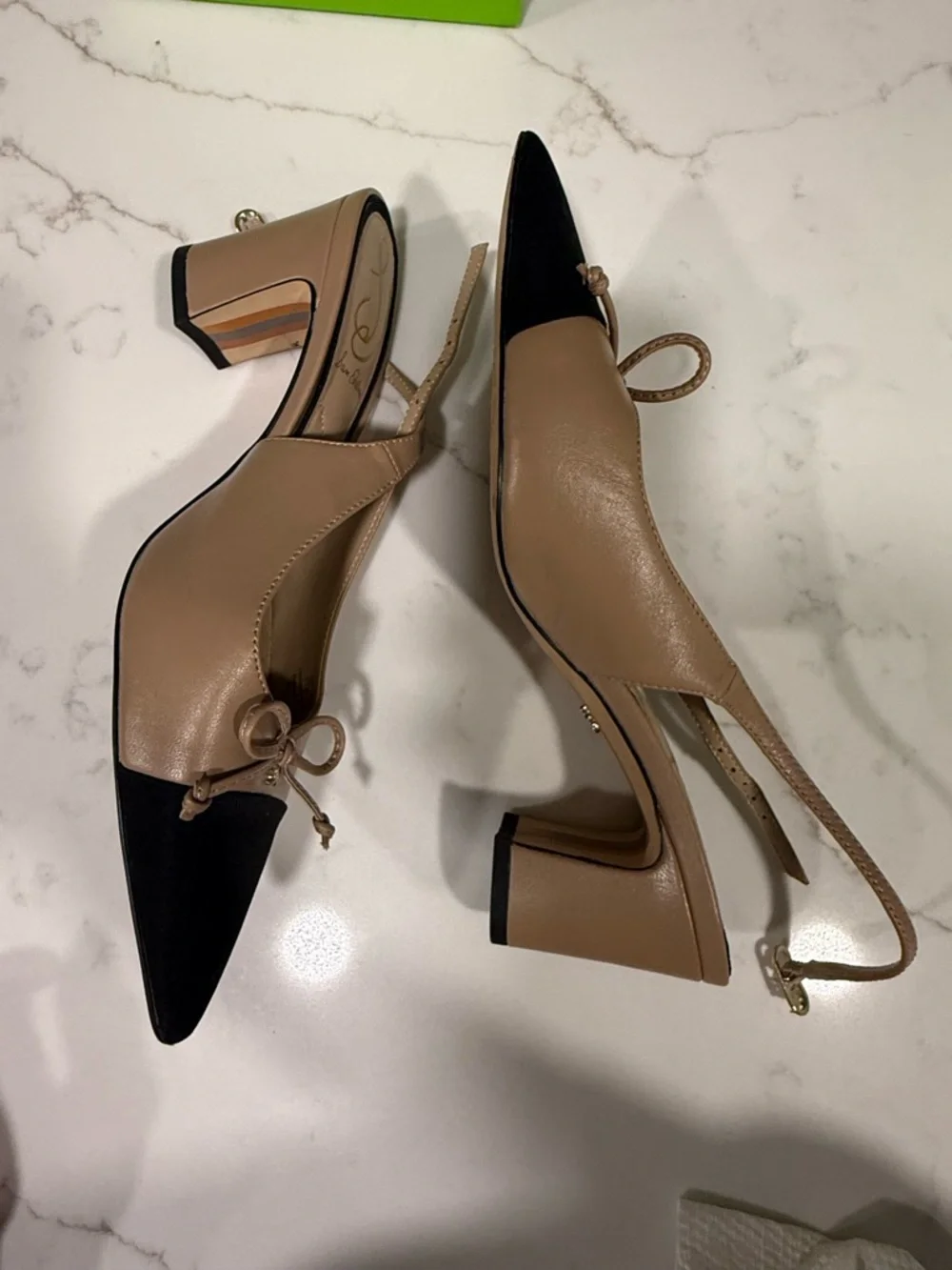 Sam Edelman Beige and Black Pointed Slingback Heels with Bow